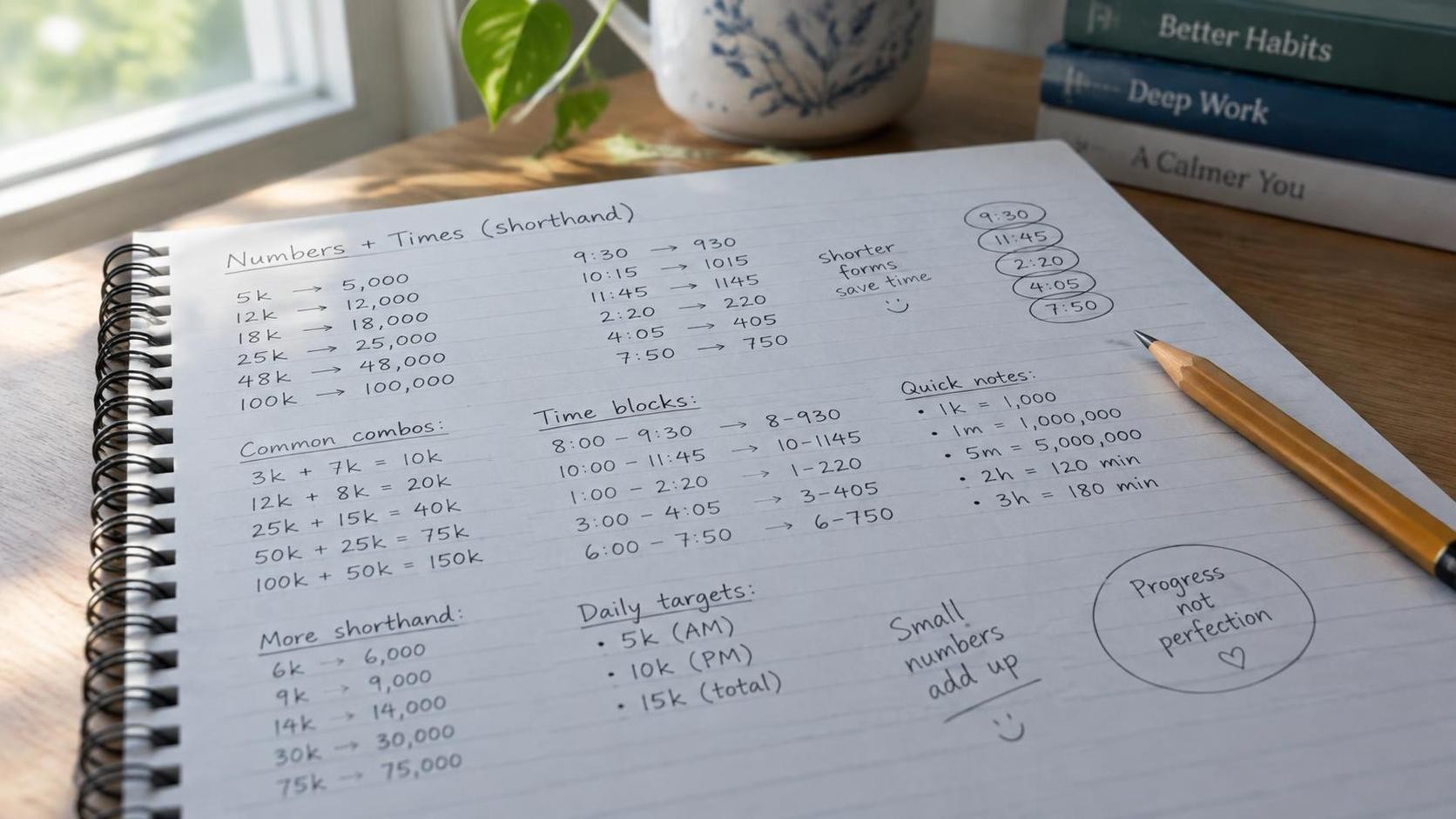 A close-up of a notebook page filled with handwritten number shorthand and circled times, a pencil resting on the paper, soft window light from the left, calm study atmosphere, 16:9