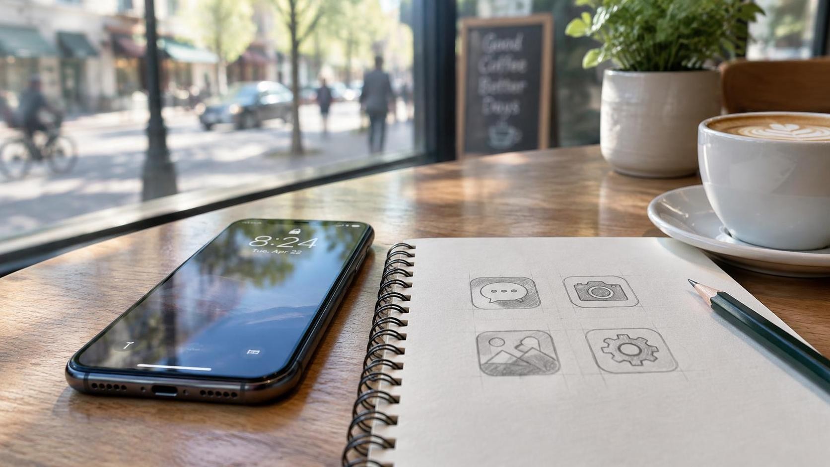 A smartphone on a cafe table next to a paper notebook, four app icons sketched in pencil on the page, blurred morning street through the window, soft daylight, 16:9