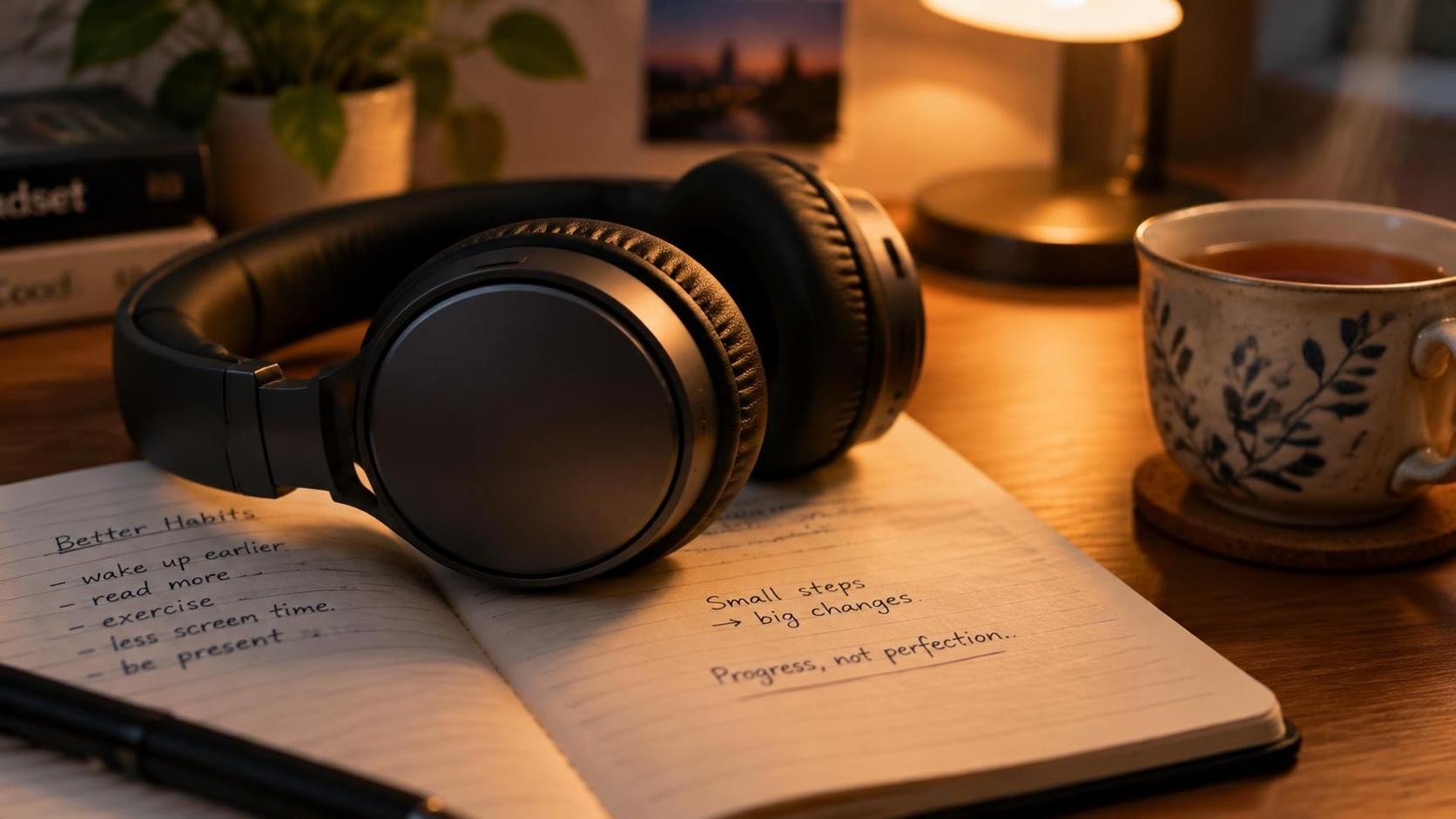 Close up of over ear headphones resting on an open notebook filled with handwritten English notes, warm desk lamp light in the evening, a cup of tea beside it, shallow depth of field, minimal text, 16:9