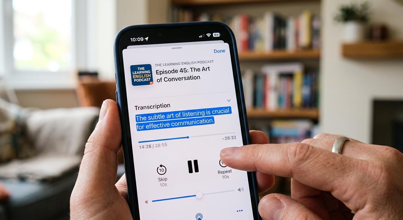 English, photorealistic, close-up of a smartphone screen showing an English podcast player with a sentence highlighted, a finger about to tap the repeat button, blurred bookshelf background, natural window light, minimal text