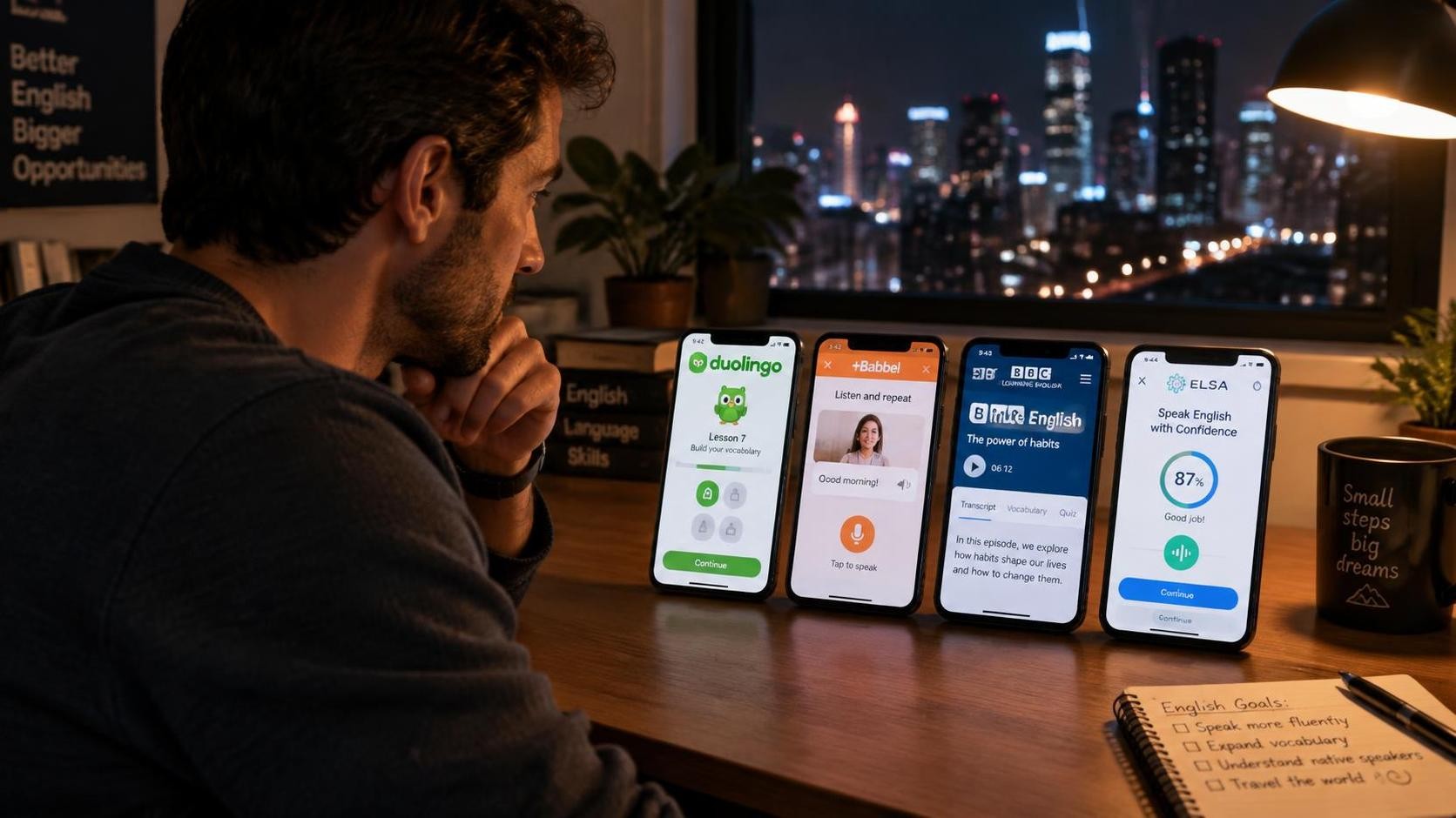 A man in his thirties sitting at a desk at night with four phones lined up, each showing a different English learning app interface, warm desk lamp light, city lights through the window, photorealistic, 16:9
