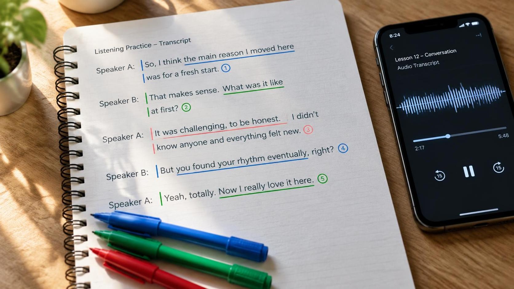 A close-up of a notebook page with a short English transcript printed on it, three colored pens marking phrase boundaries and small numbered circles, a phone lying beside the page showing a playback timeline, morning light from the left, photorealistic, 16:9