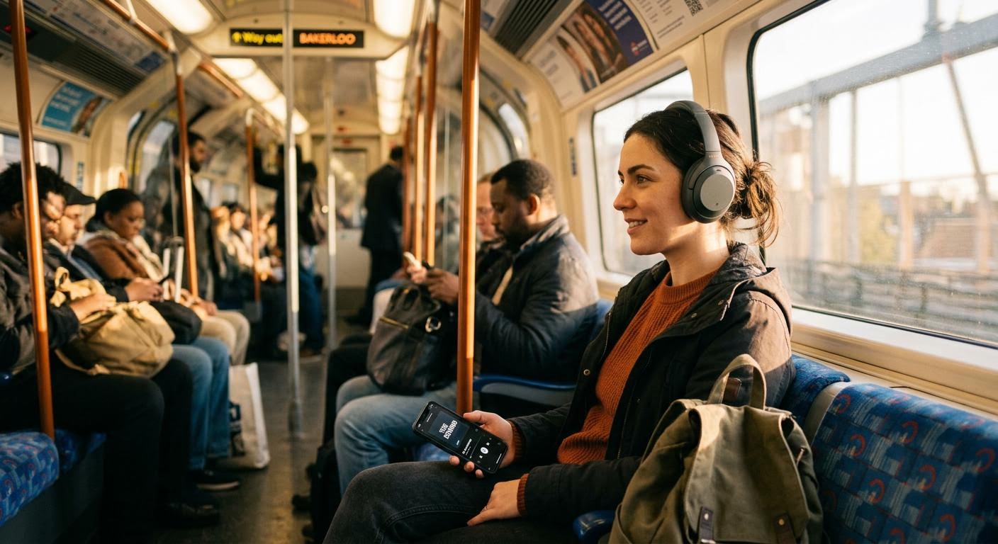 a person wearing headphones listening to a podcast while commuting on a subway, warm afternoon light, candid lifestyle photography, minimal text