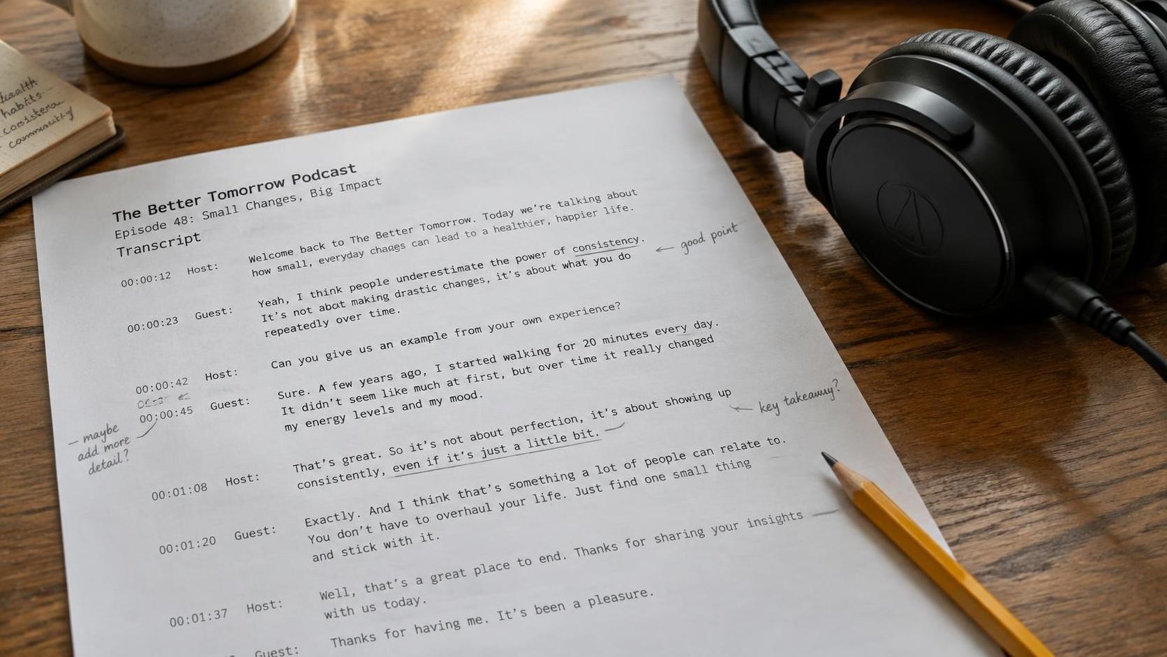 English, photorealistic, close up of a printed podcast transcript with pencil marks and a pair of over ear headphones on a wooden table, soft afternoon light, 16:9