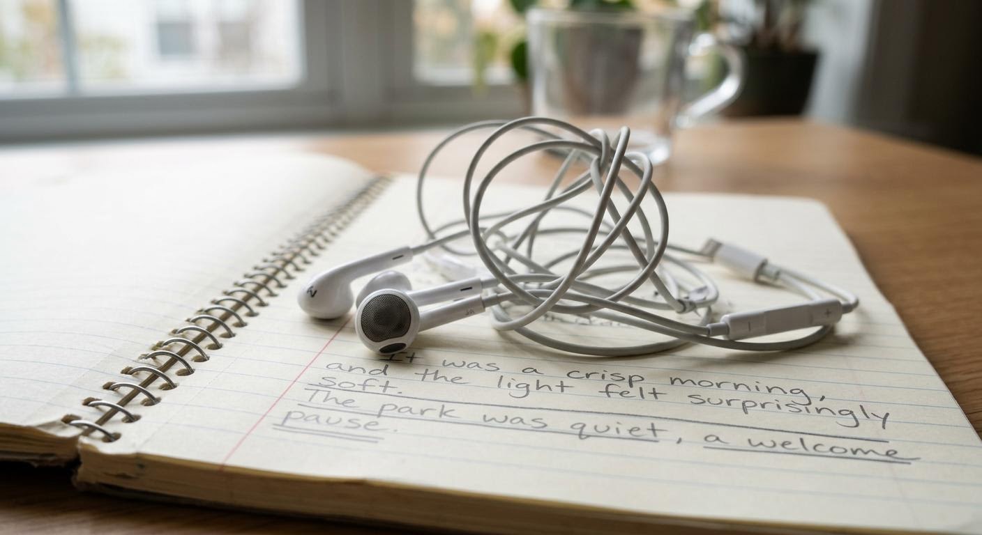English, photorealistic, a close-up of tangled earphone wires resting on an open notebook with English sentences underlined in pencil, morning window light, soft shadows, minimal text