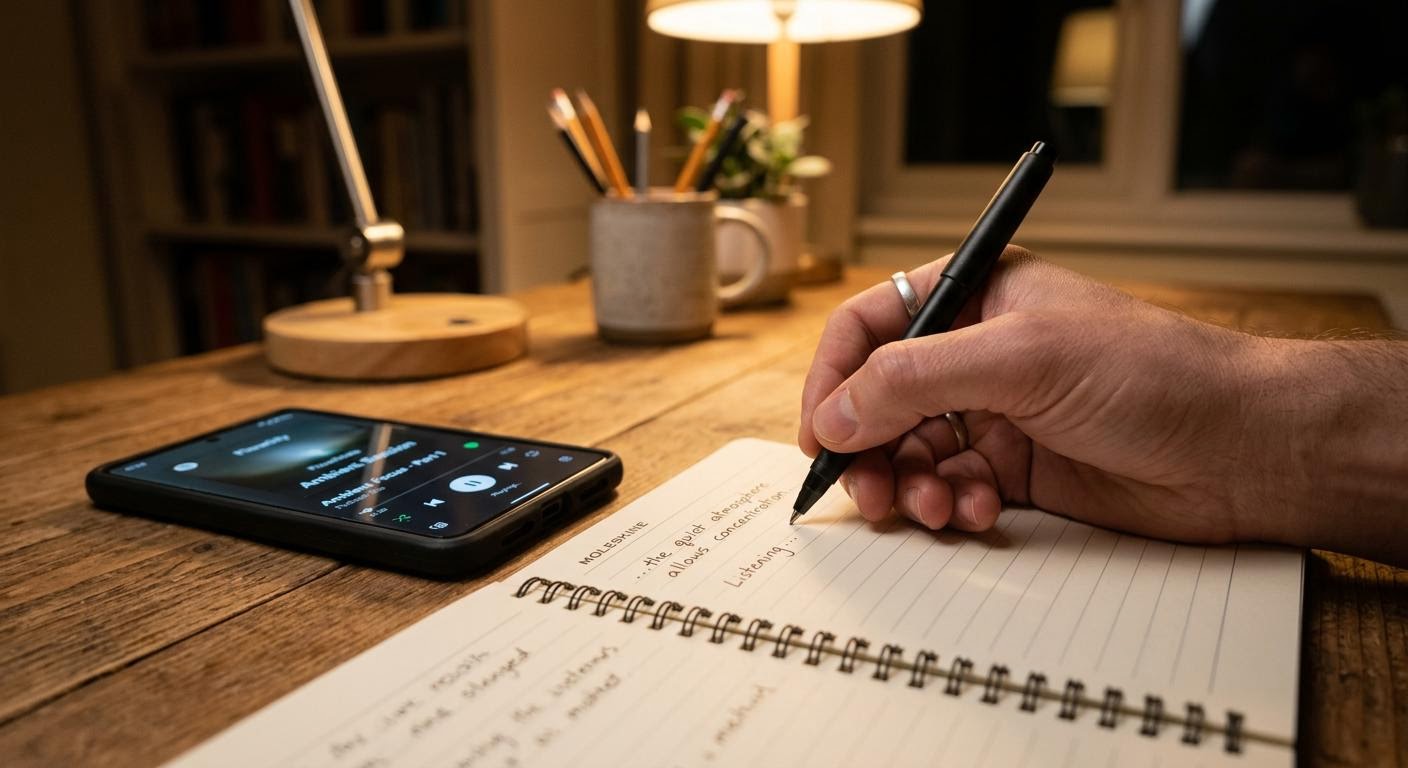 English, photorealistic, a close-up of a hand writing English words into a lined notebook next to a smartphone playing an audio clip, warm desk lamp light on a quiet desk, minimal text