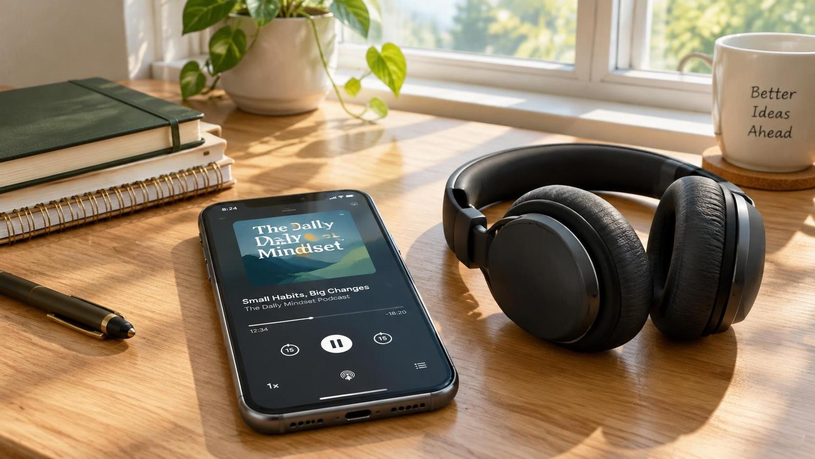 A clean wooden desk with a smartphone showing a podcast player and headphones beside it, morning light through a window, notebooks stacked neatly, 16:9