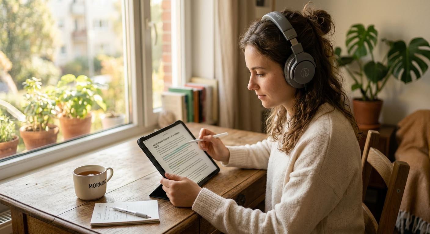 English, photorealistic, a young woman with headphones sitting at a sunlit wooden desk reviewing an English podcast transcript on a tablet, warm morning light, cozy apartment, shallow depth of field, minimal text