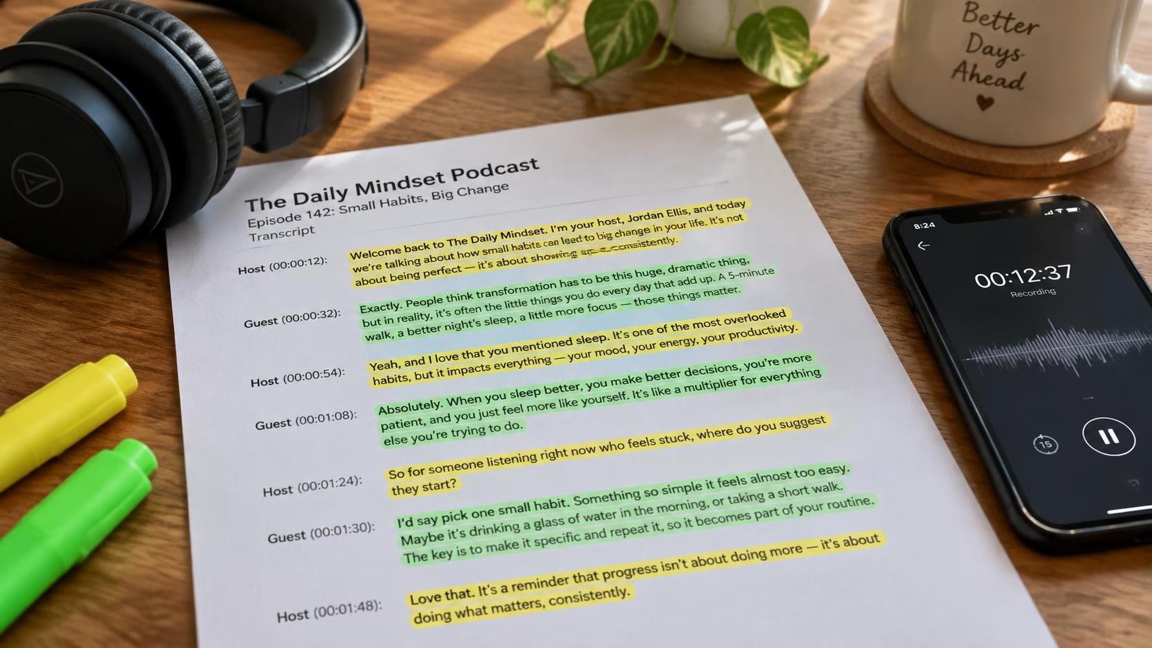 English, close-up of a printed podcast transcript with two colors of highlighter marking speaker turns, headphones and a phone timer on a wooden desk, soft morning light, 16:9