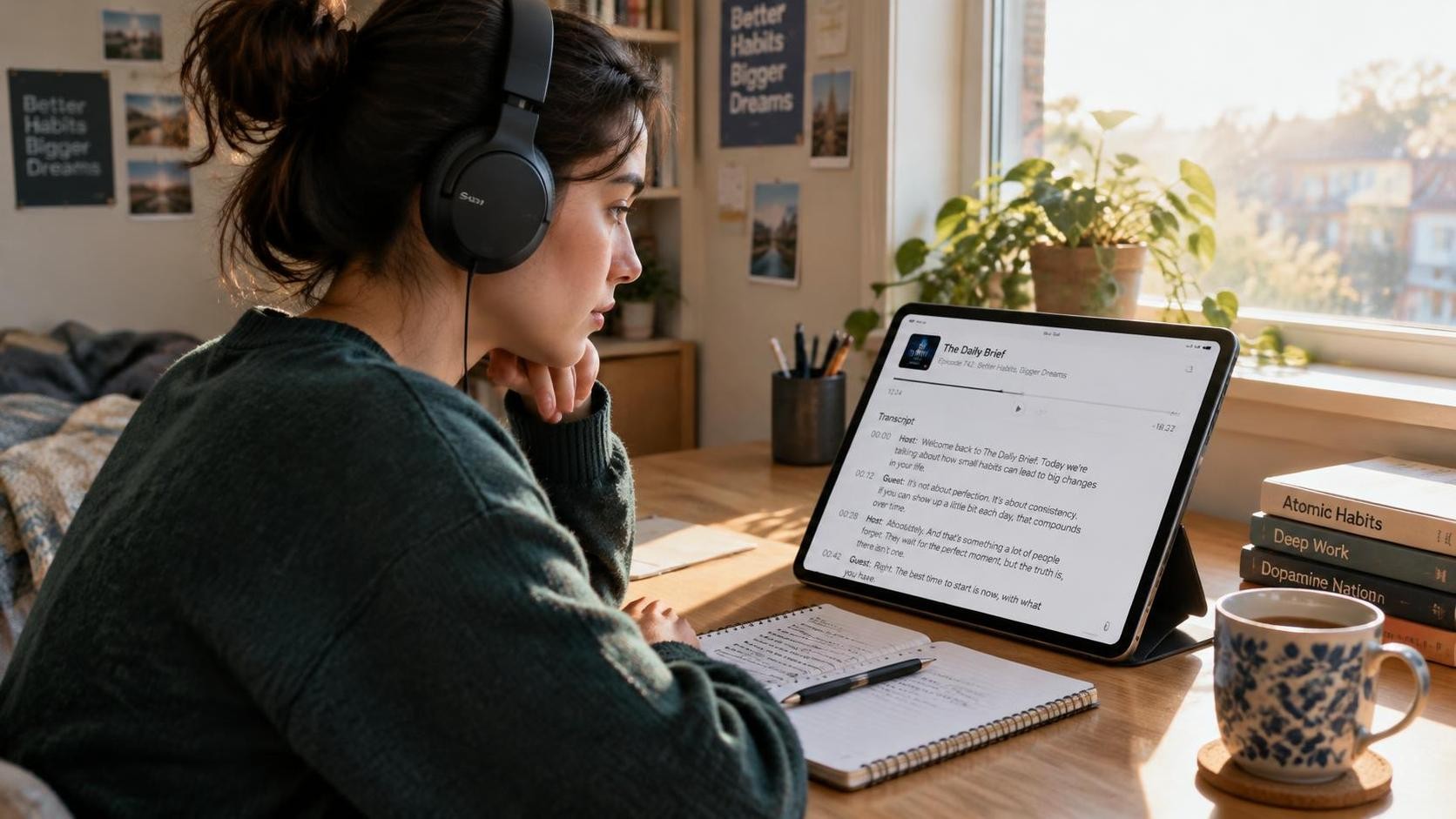 A learner at a desk with over-ear headphones and a tablet showing a podcast transcript, warm morning window light, English, photorealistic, 16:9