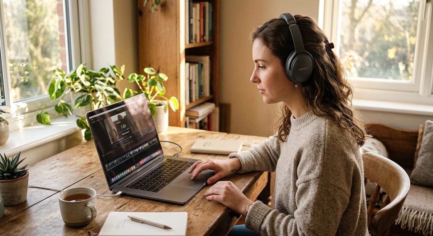 A young woman wearing over-ear headphones at a wooden desk, one hand on a laptop trackpad adjusting a playback speed control, warm afternoon light through a window, focused expression, English, photorealistic, minimal text