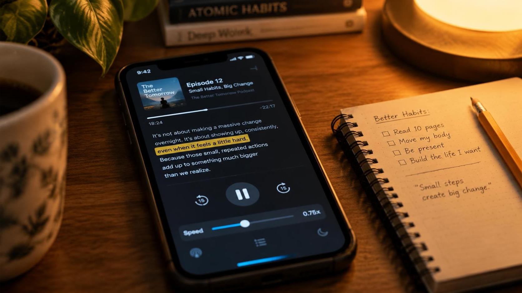 A smartphone screen showing a podcast player with a highlighted subtitle line and a speed slider set to a slower value, warm desk lamp light, notebook and pencil beside it, cinematic shallow focus, 16:9