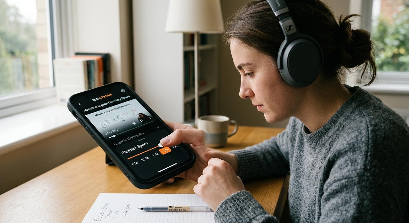 a learner adjusting a playback speed control on a phone while listening through headphones at a desk, close up of the screen showing a speed slider, quiet study room, soft daylight, minimal text