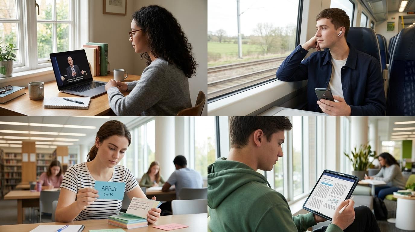 A split screen showing four different study scenes, one person watching a subtitled video, one person listening with earbuds on a train, one person flipping flashcards, and one person reading on a tablet, soft natural lighting, clean composition