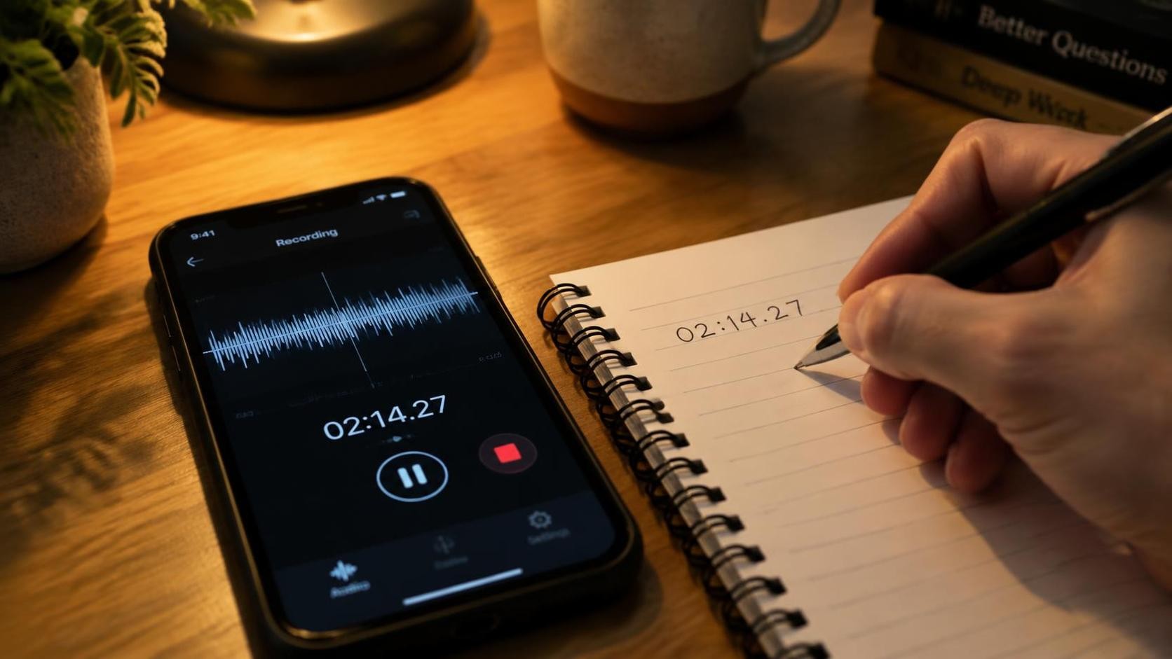 English, photorealistic, close-up of a hand writing a timestamp on a notepad next to a smartphone with an audio waveform on screen, warm desk lamp light, shallow depth of field, 16:9