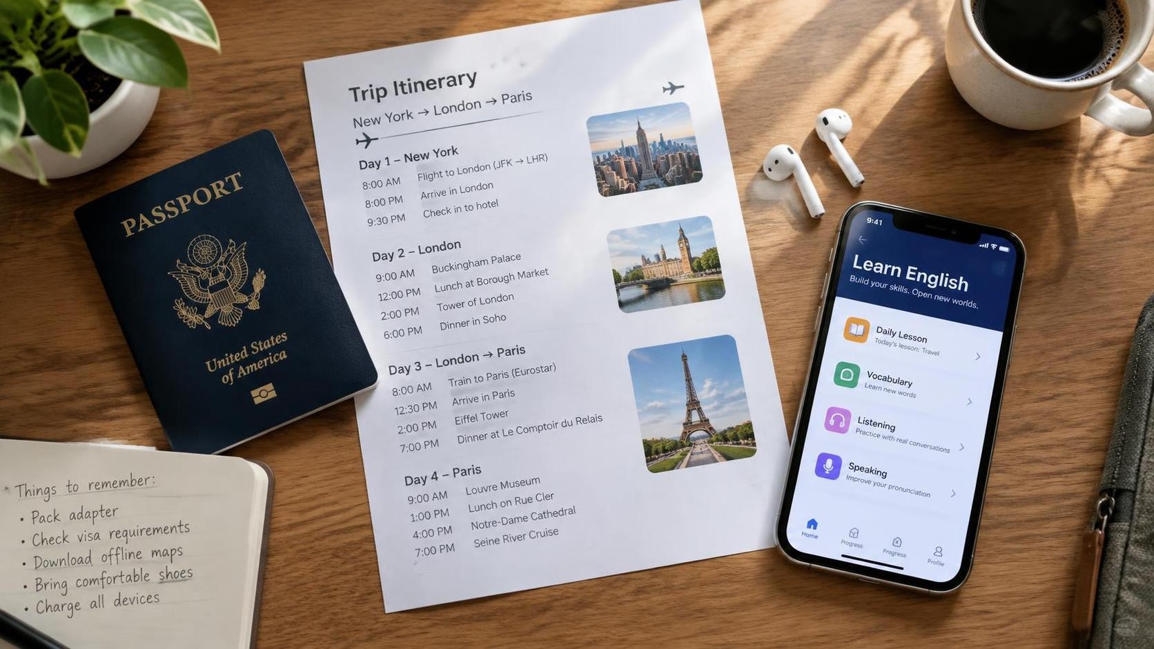 photorealistic overhead shot of a wooden desk with a passport, a printed travel itinerary, earbuds and a smartphone showing an English learning app, soft morning light from a window, 16:9