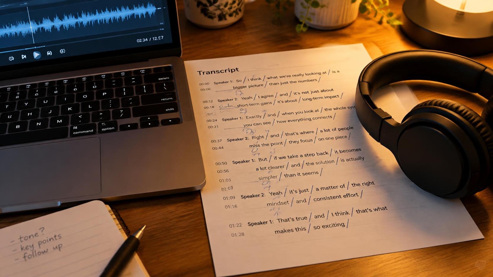 A close view of a laptop beside a printed transcript with slashes drawn between phrases, headphones resting on the paper, warm desk lamp light, English, 16:9