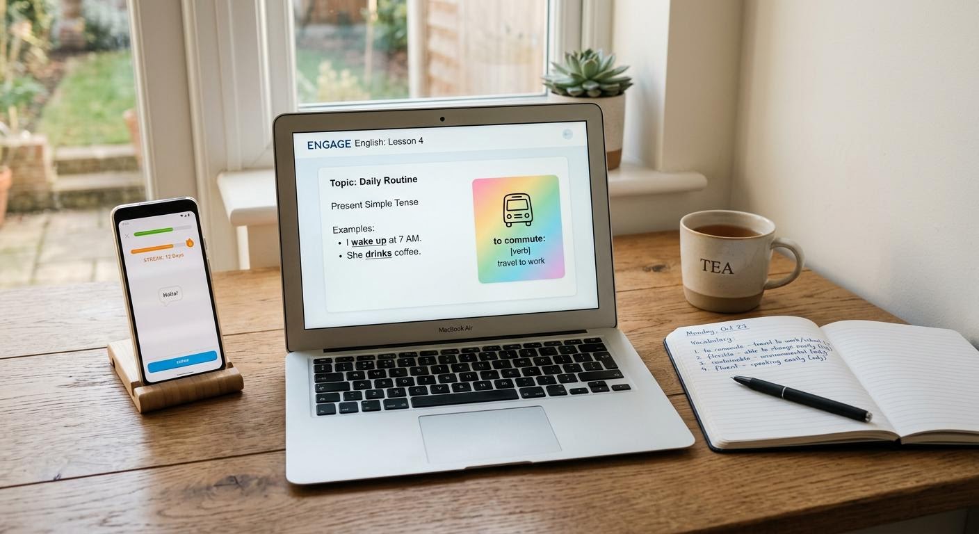 English, photorealistic, a desk with a laptop showing an English learning interface and a phone beside it, notebook with handwritten vocabulary notes, soft morning light, clean minimal composition, minimal text