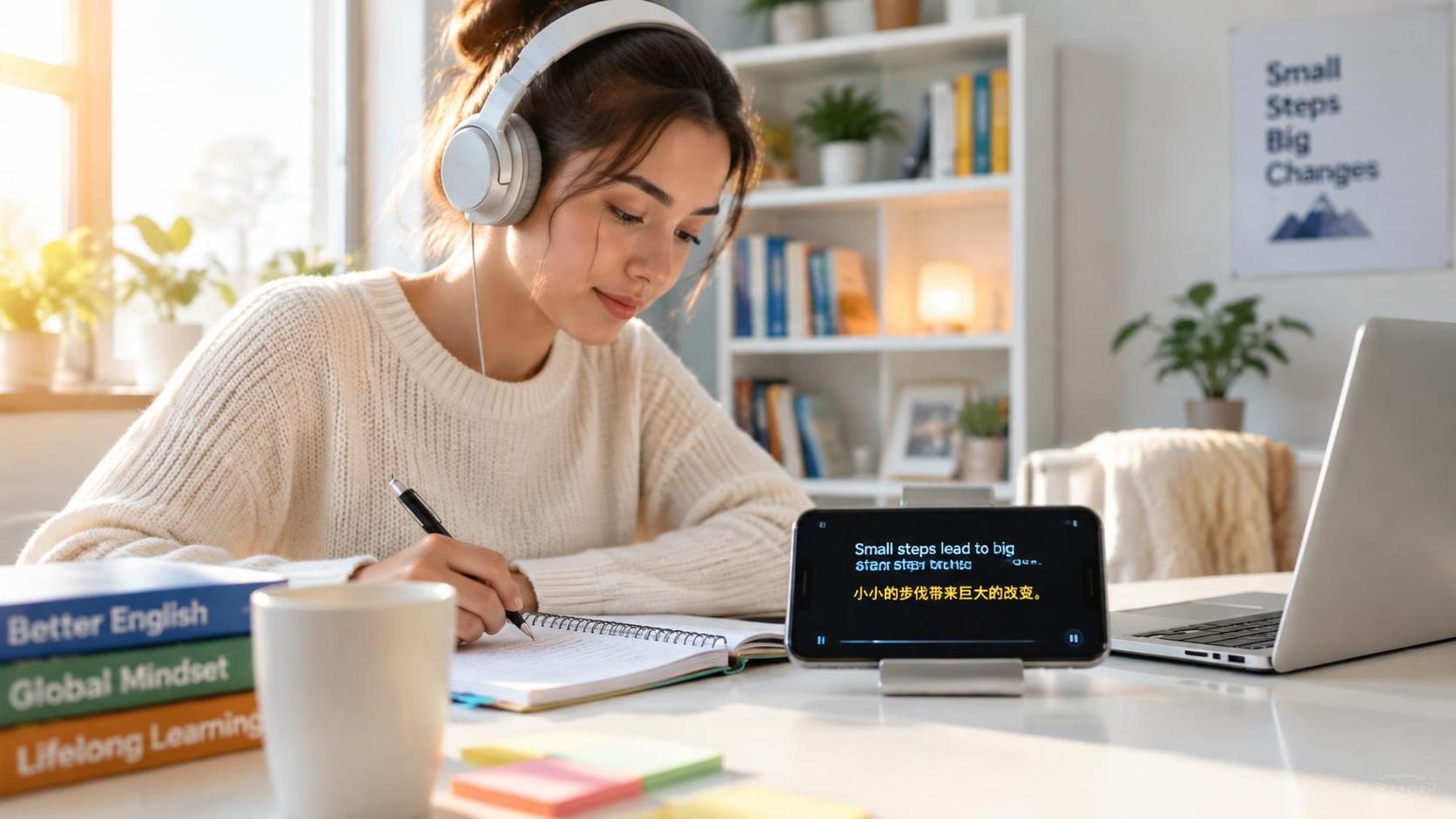 a focused young learner with headphones at a bright desk, dual subtitle lines glowing on a phone screen, notebook and laptop nearby, warm side light, clean modern room