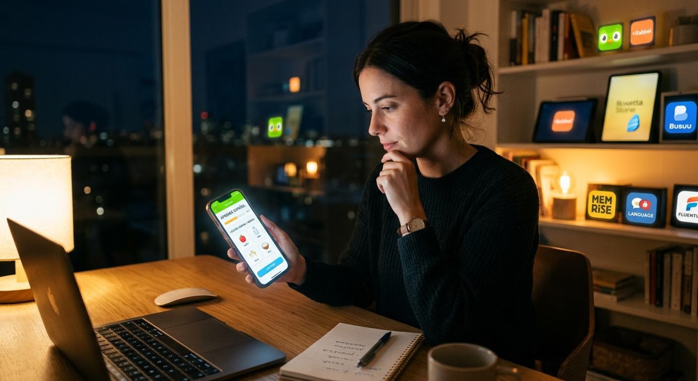 English, photorealistic, a young professional sitting at a desk at night, phone screen glowing with a language learning app, thoughtful expression, several learning app icons in the background, minimal text