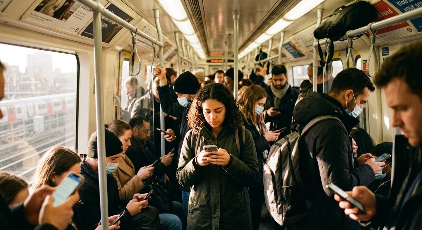 a crowded morning train carriage with commuters looking at phones, warm sunlight entering the windows, shallow depth of field