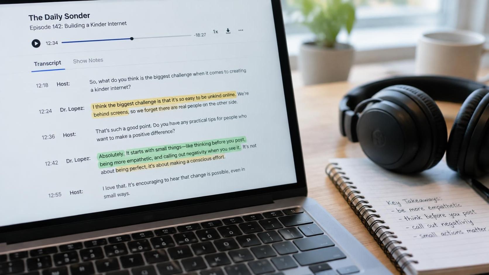 English, photorealistic, a close up of a laptop screen showing an English podcast transcript with highlighted lines, headphones resting on a notebook beside the laptop, soft daylight, shallow depth of field, 比例 16:9