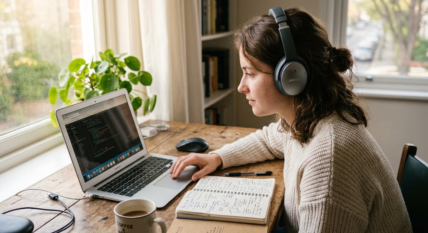 Close-up of a young woman wearing headphones at a wooden desk by a window, morning light, notebook with handwritten notes beside a laptop, photorealistic