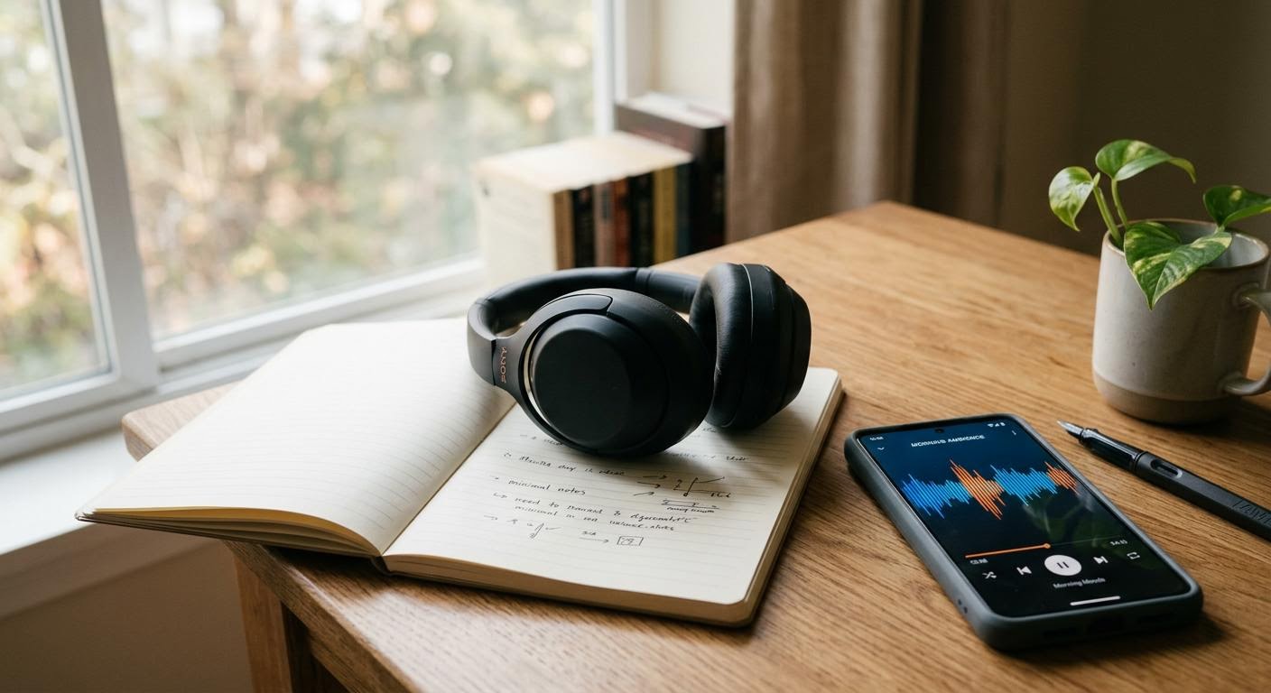 A close-up of headphones resting on a notebook beside a smartphone showing an audio waveform, soft morning window light, calm study desk, minimal text