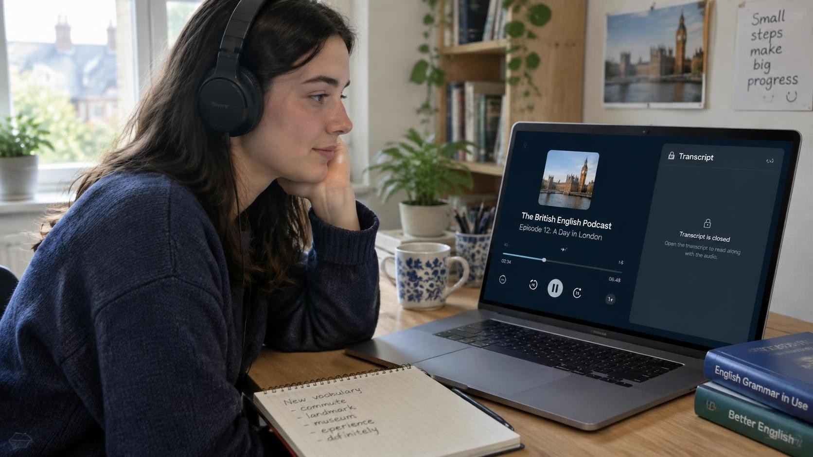 English, photorealistic, a B1 learner listening to a short British English podcast excerpt with headphones while keeping the transcript closed, a quiet home study desk in natural window light, ratio 16:9