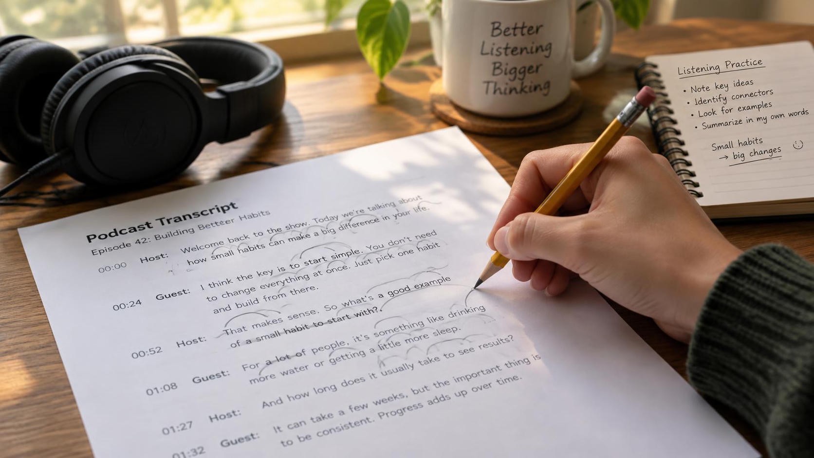 Close-up of a learner's hand drawing arcs between words on a printed podcast transcript with a pencil, headphones and a notebook on a wooden desk, warm morning window light, shallow depth of field, 16:9