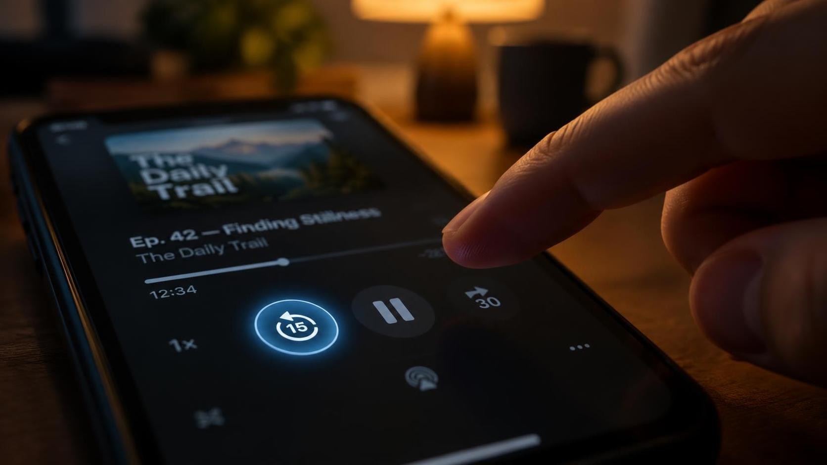 Close up of a hand hovering over a phone screen with a rewind icon highlighted, podcast player interface blurred behind, dim room, warm lamp light, shallow depth of field, 16:9