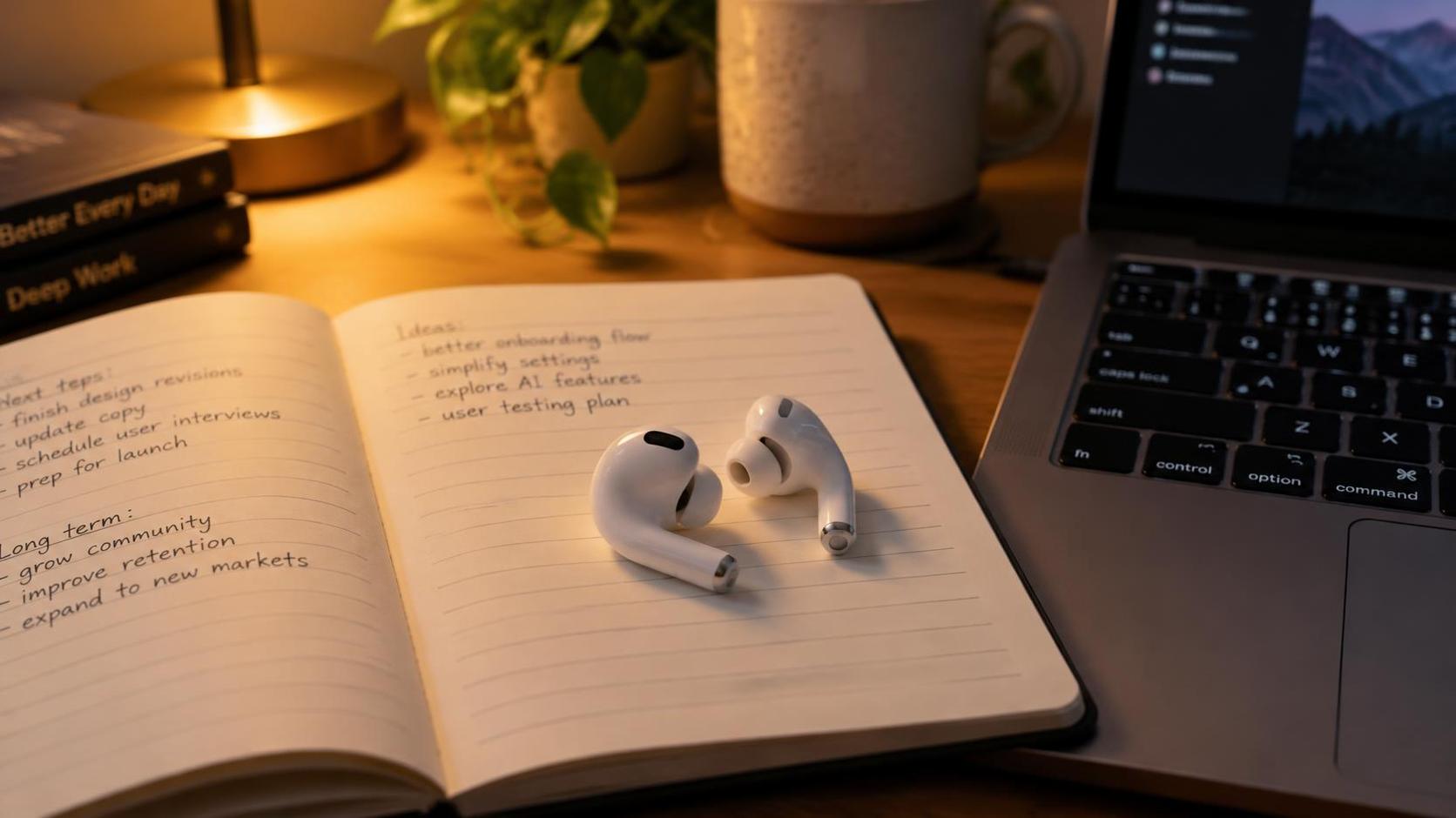 A close shot of earbuds resting on an open notebook beside a laptop keyboard, warm desk lamp light, shallow depth of field