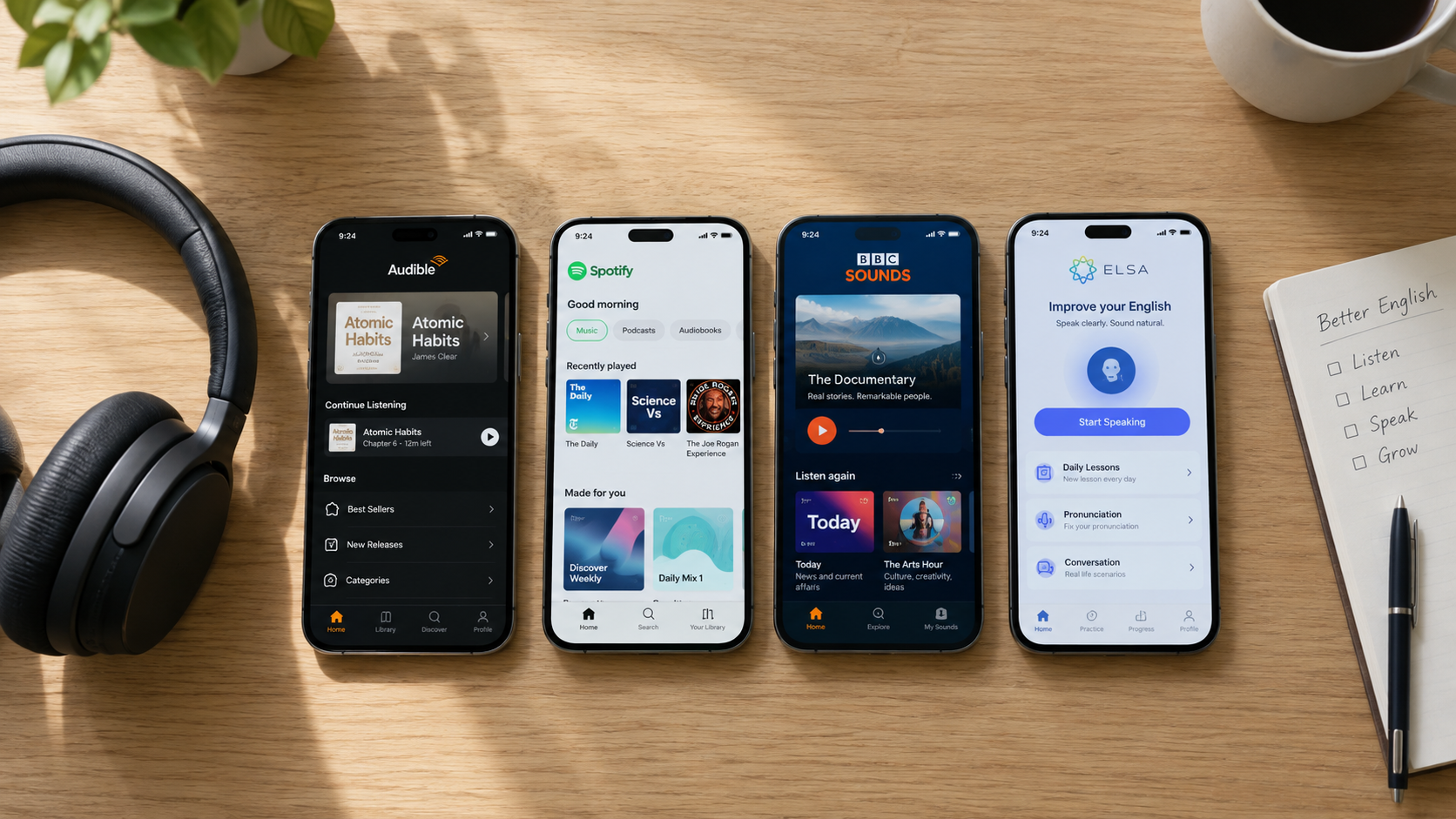 English, photorealistic, top-down flat lay of four smartphones on a light oak table, each screen showing a different English listening app home page, a pair of over-ear headphones and a notebook beside them, soft morning window light, minimal text, 16:9