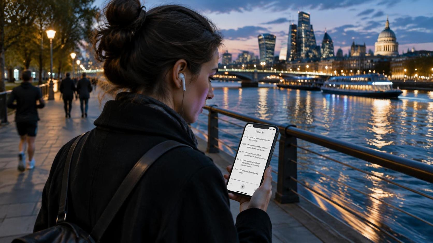A person wearing earbuds walking along a riverside path at dusk, phone in hand with a transcript on screen, city lights reflecting on the water, cool blue and amber tones, motion in the background, photorealistic, 16:9