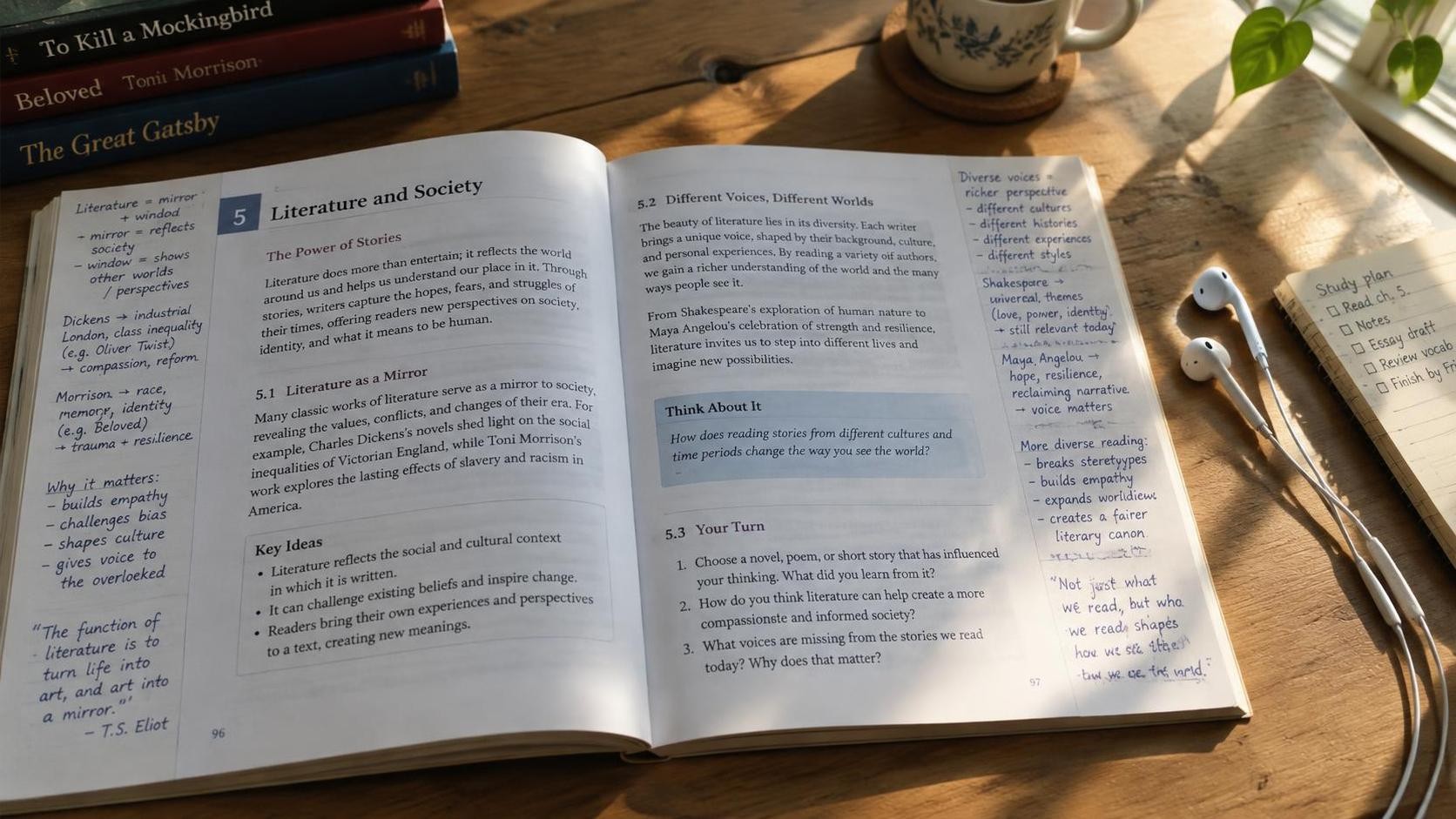 An open English textbook with dense notes in the margins next to a pair of earphones on a wooden desk, afternoon side light, quiet study atmosphere, 16:9