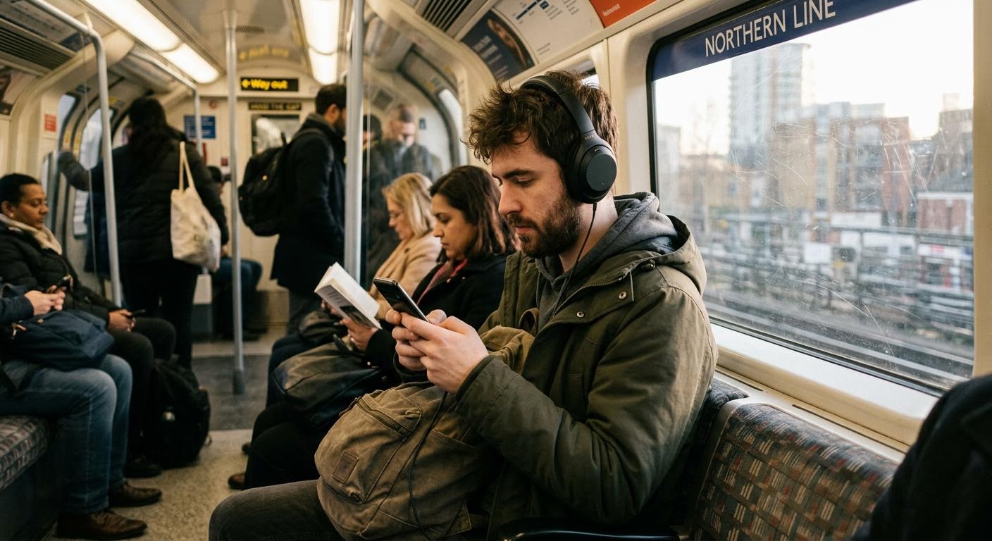 English, photorealistic, a commuter listening to an English podcast on a subway train while following subtitles on his phone, morning light through train windows, candid urban lifestyle photography, minimal text