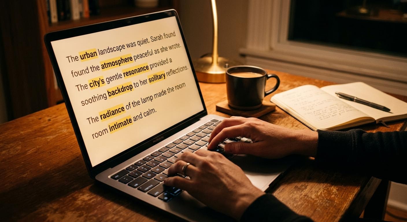 English, photorealistic, close up of hands typing on a laptop with an English transcript and highlighted vocabulary on screen, warm desk lamp light at night, notebook and coffee cup nearby, minimal text