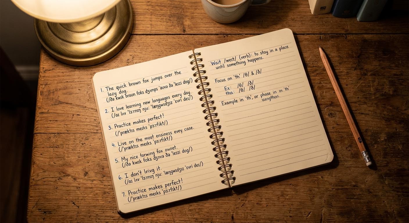 a notebook with handwritten English sentences and pronunciation notes, a pencil beside it, warm desk lamp light, top down view