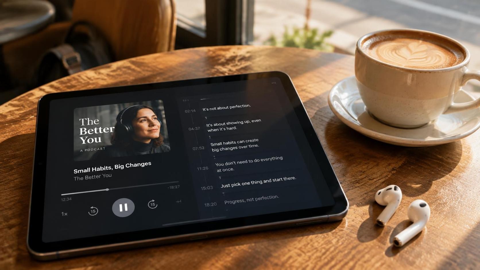 English, photorealistic, close-up of a tablet on a café table displaying a podcast episode split into short subtitle segments, a coffee cup and a pair of earbuds nearby, warm afternoon light through the window, minimal text, 16:9