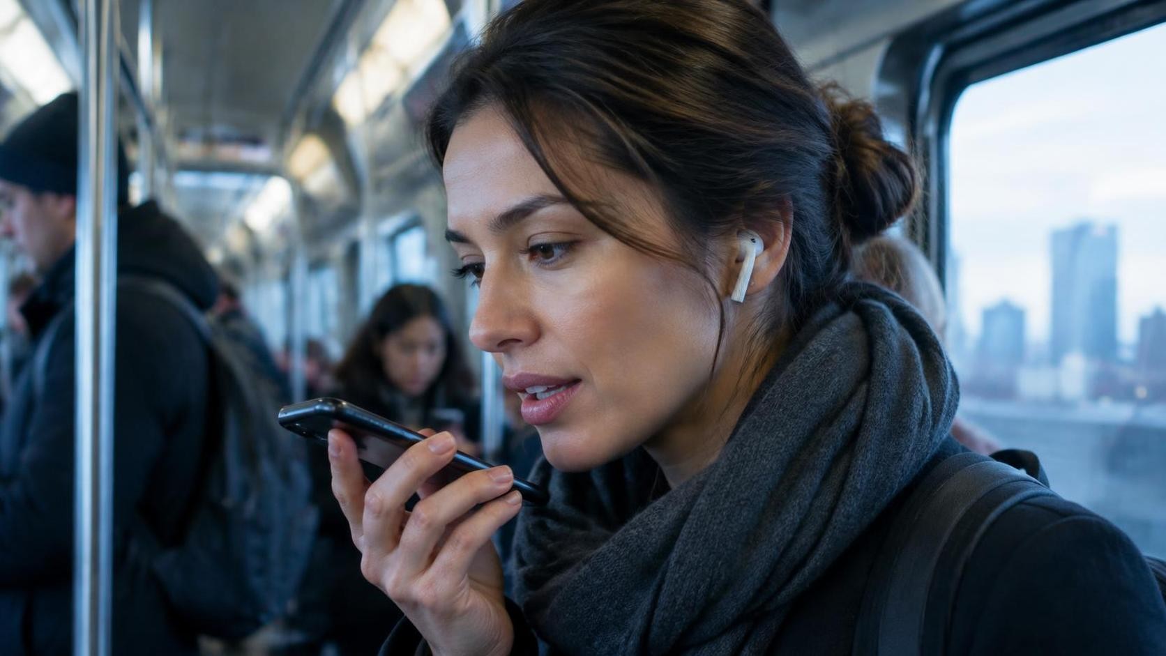 photorealistic close up of a traveler wearing earbuds speaking softly into a phone on a subway train, blurred commuters in the background, cool morning light through windows, 16:9