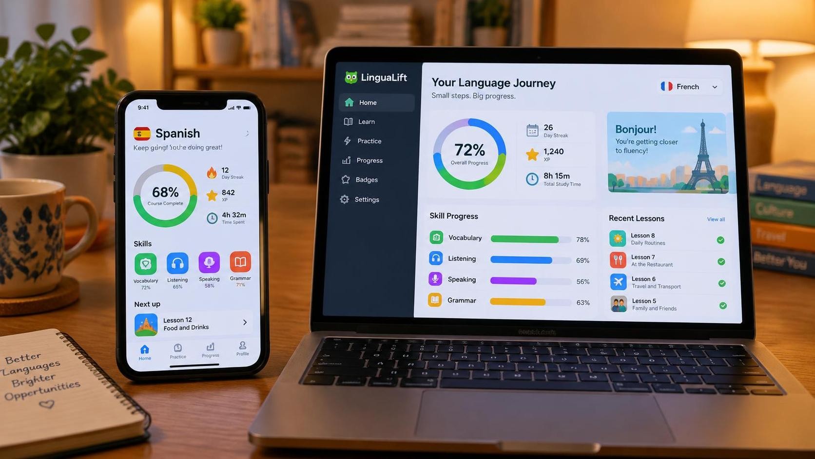 A phone and a laptop side by side on a table displaying language learning apps with colorful progress charts, warm indoor lighting, 16:9