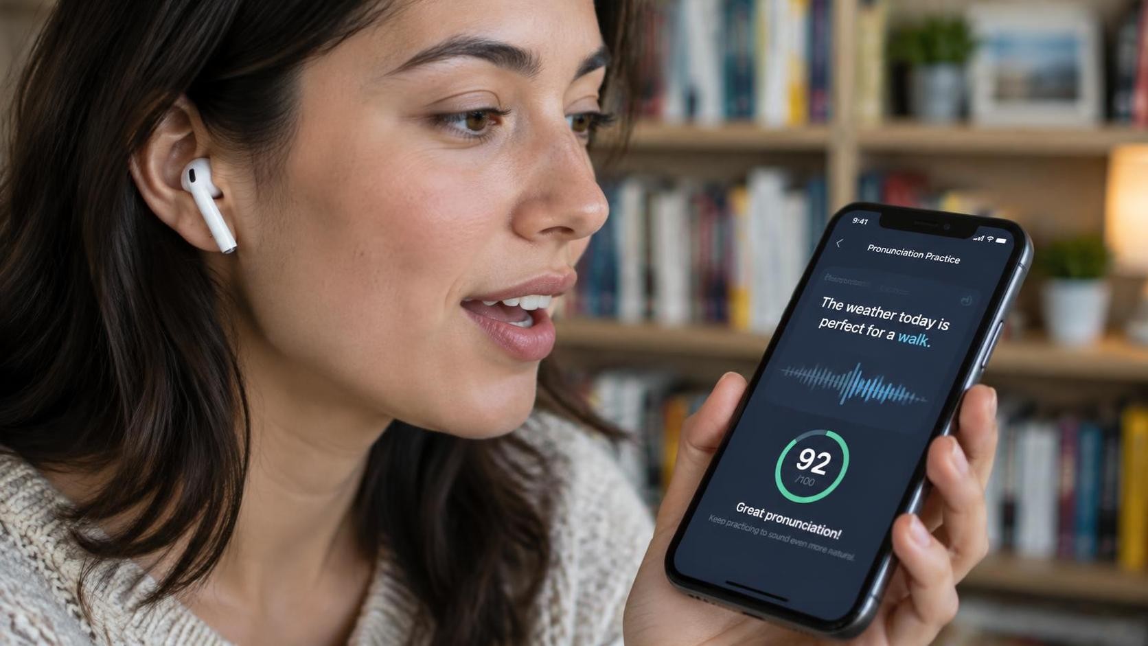 Close up of a person speaking into a phone while wearing one earbud, subtitle text and a pronunciation score visible on the screen, soft indoor lighting, blurred bookshelf background, photorealistic, 16:9