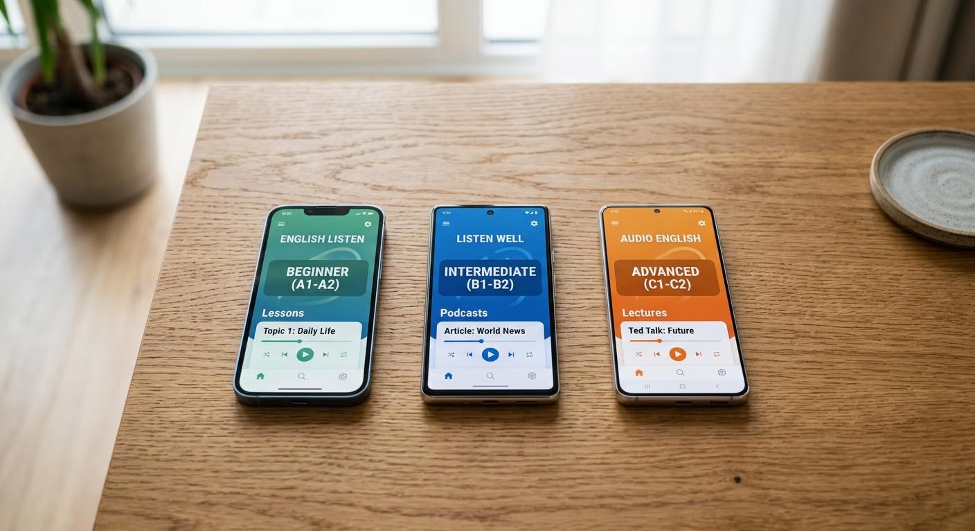 English, photorealistic, three smartphones lying on a wooden table showing different English listening app home screens with difficulty labels, clean bright room, top down view, minimal text