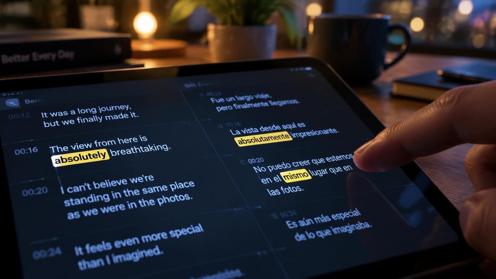 Close up of a tablet screen showing two column subtitle lines with one word highlighted in yellow, a finger hovering over the glass, evening desk lighting with bokeh background, 16:9