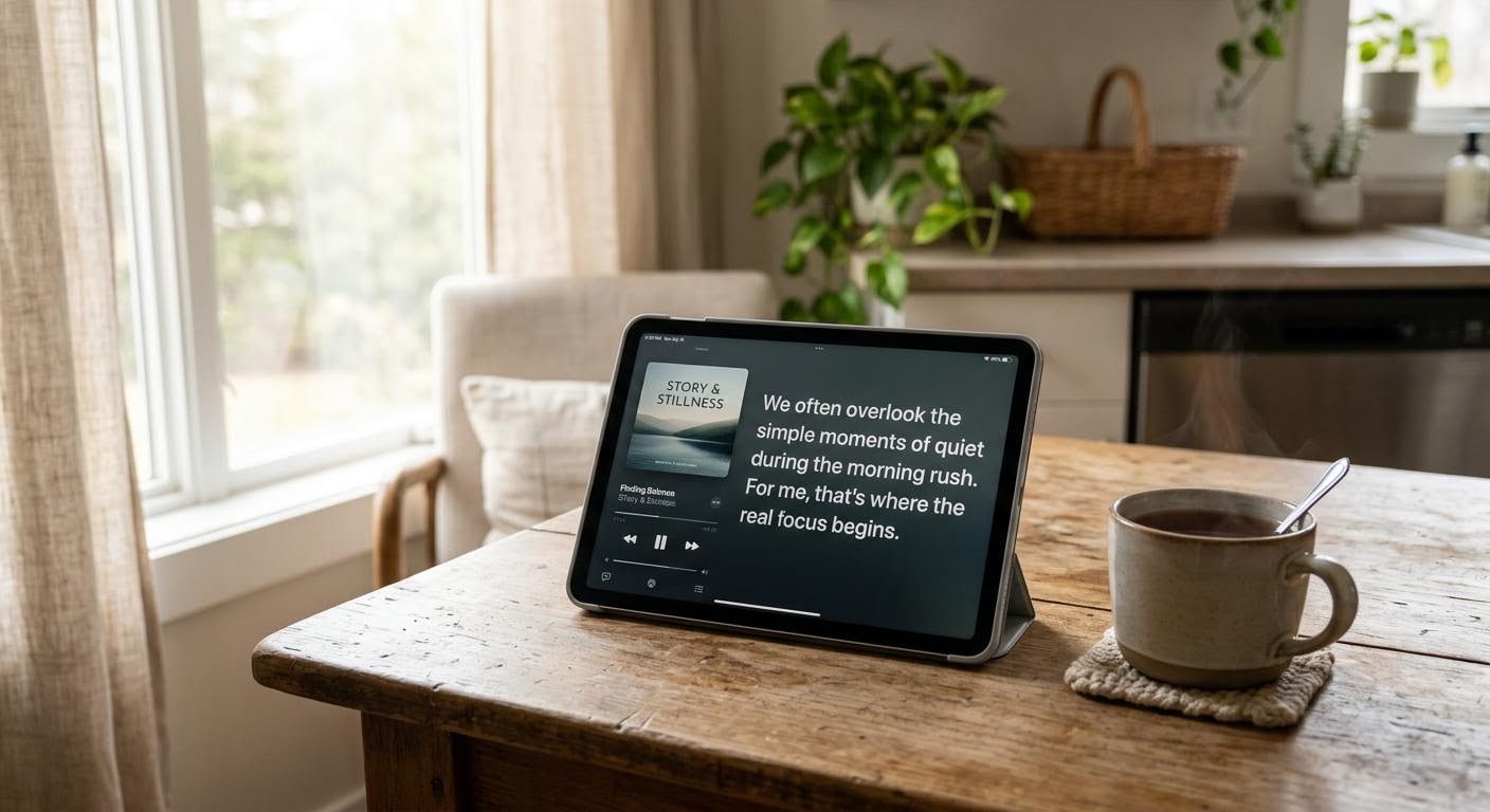 a tablet on a kitchen table showing a podcast player with synchronized subtitles, a mug of tea beside it, morning light from a side window, calm home setting, minimal text