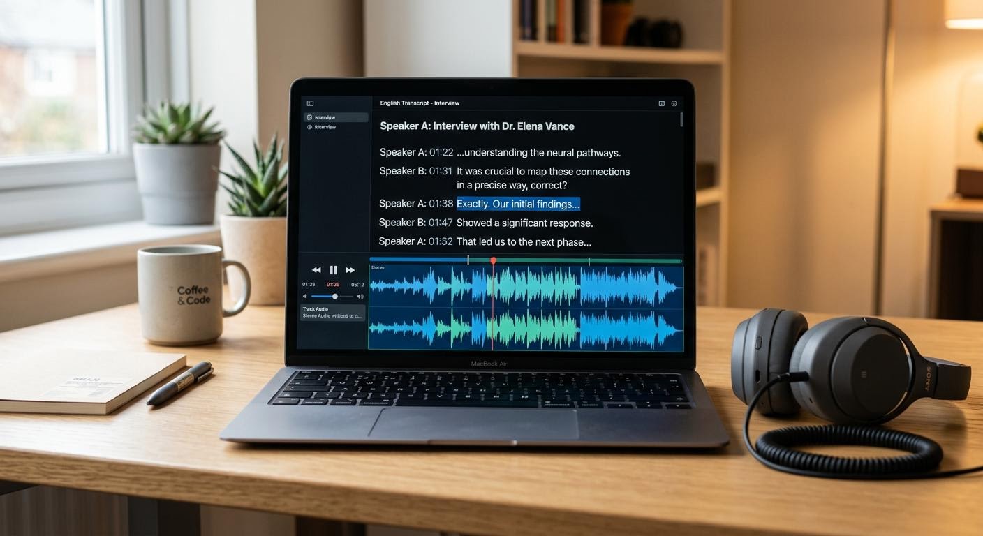 laptop screen showing an English transcript with a synced audio waveform, headphones resting nearby on a clean desk, soft indoor lighting