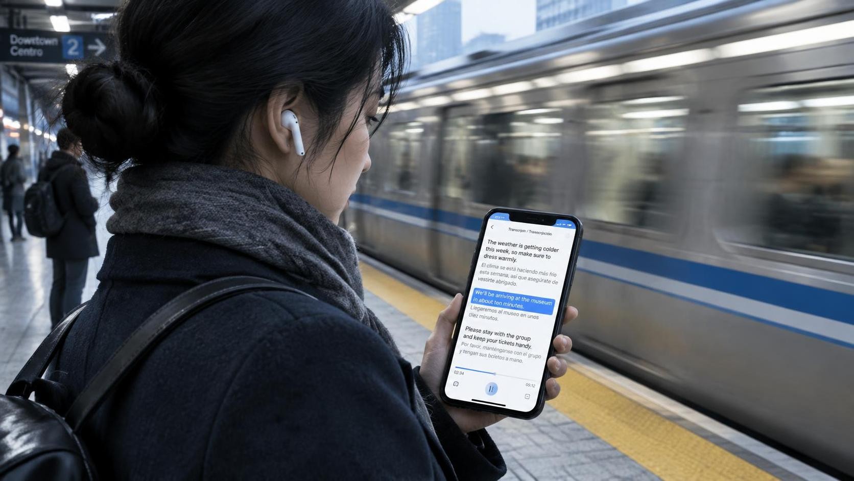 A commuter standing on a subway platform wearing earbuds, phone screen showing a bilingual transcript with one line highlighted, motion blur of a passing train, cool morning light, photorealistic, 16:9