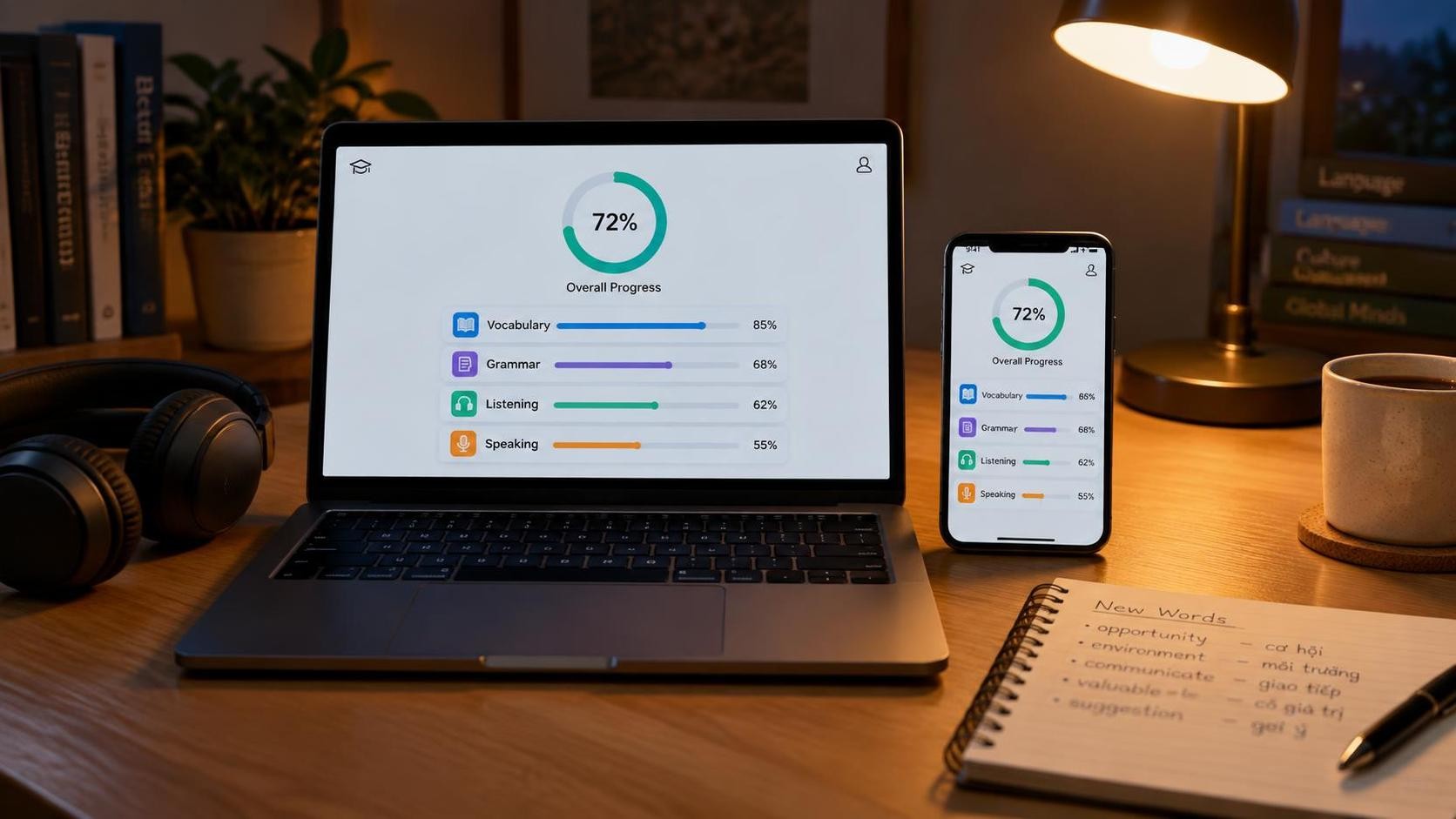 English, photorealistic, a laptop and a smartphone side by side on a study desk showing the same learning progress screen, headphones and a vocabulary notebook nearby, warm desk lamp light in the evening, minimal text, 16:9