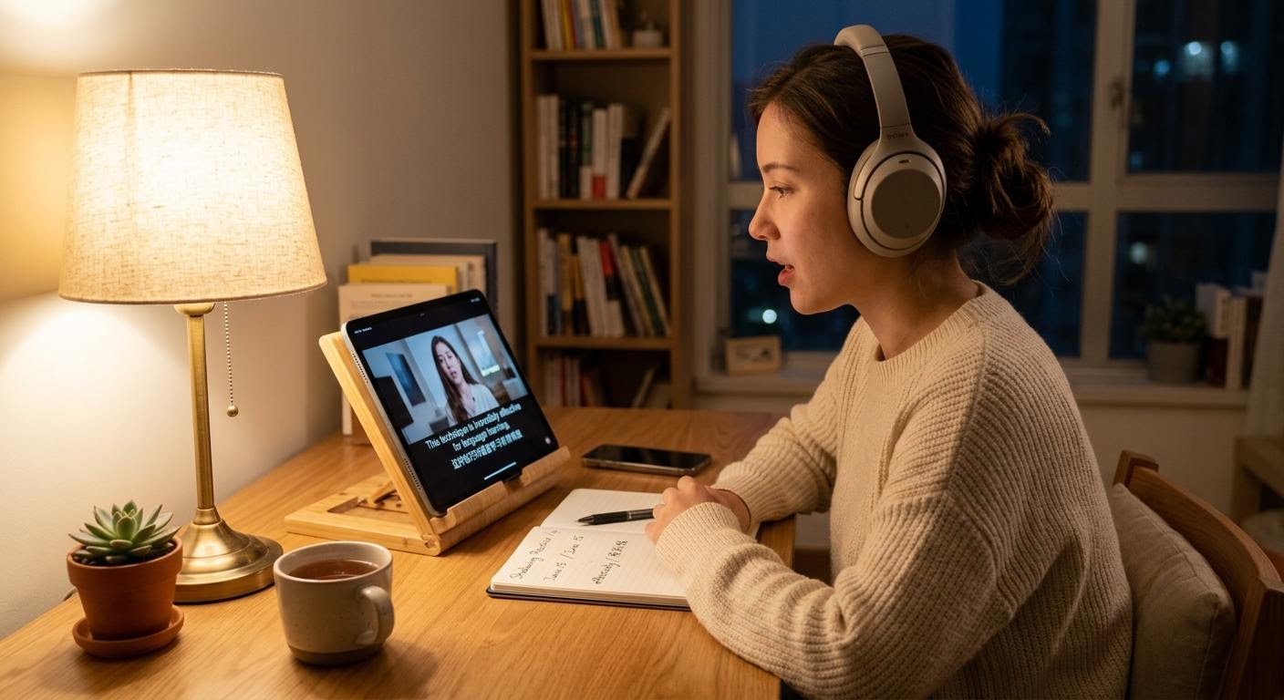 a person shadowing an English audio clip at a quiet desk, bilingual subtitles visible on a tablet screen, warm evening lamp light