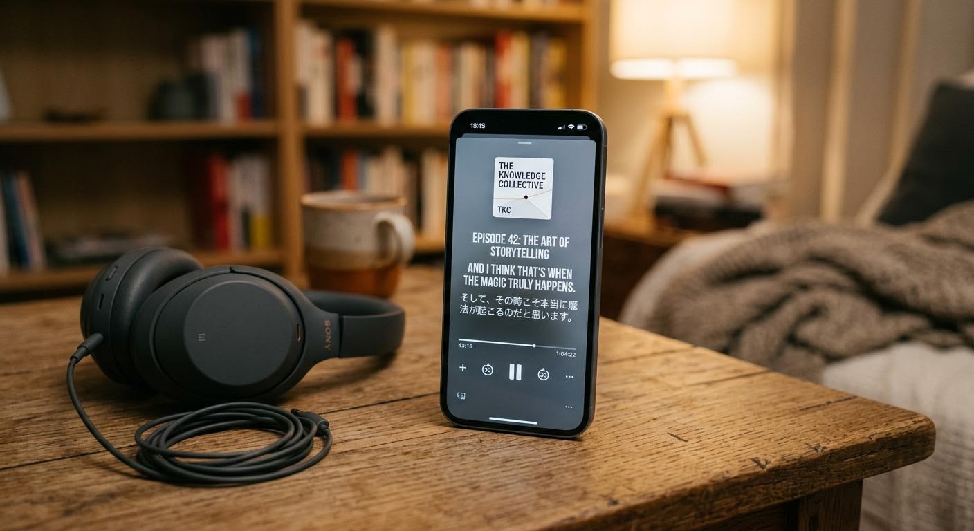 English, photorealistic, a smartphone standing on a wooden table displaying a podcast playback screen with bilingual subtitles, headphones resting nearby, warm indoor lighting, blurred cozy background, minimal text